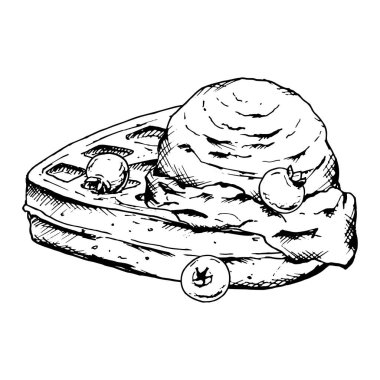 Elle çizilmiş siyah beyaz vektör çizimi yumuşak kalp şeklinde Belçika waffle 'ı bir top dondurma ve böğürtlen ile birlikte. Fırın menüleri, tatlı markaları, ambalajlar, tatil aşçılığı için mükemmel.