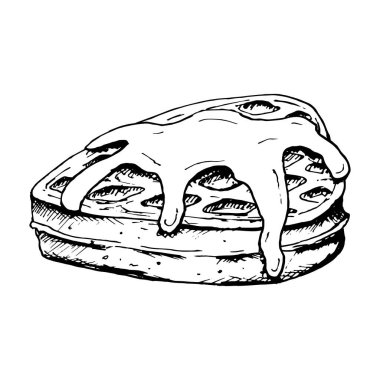 Elle çizilmiş siyah-beyaz vektör çizimi yumuşak kalp şeklinde Belçika waffle 'ının kremalı hali. Pastane ya da pastane menüsü, tatlı markası, ambalaj, tatil aşçılık tasarımları için mükemmel..