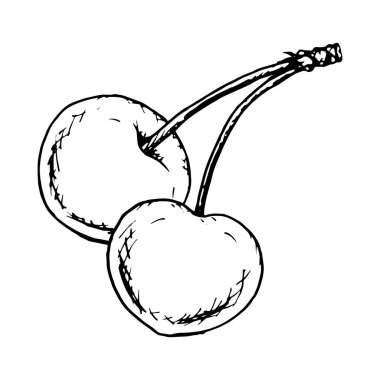 Elle çizilmiş siyah-beyaz vektör çizimi, saplı bir çift kiraz, mürekkep çizimi tarzında yaratılmış. Yemek paketleri, yemek tarifleri, sevgililer günü kartları ve çiftlik tasarım projeleri için mükemmel..