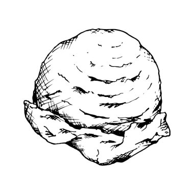 Tek kepçe dondurmanın sanatsal mürekkep eskiziyle çizilmiş siyah beyaz çizimi. Yemek tasarımları, fırın menüleri, yemek kitapları, yaz ziyafetleri veya şekerleme markaları için ideal