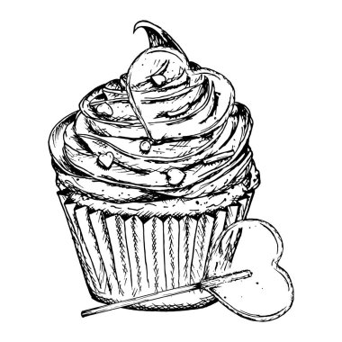 Krem şantili, karamel kalpli ve küçük şeker süslemeli kek temsili. Sevgililer Günü tasarımı, doğum günü pastası, düğün teması, pastane dekorasyonu, pastane