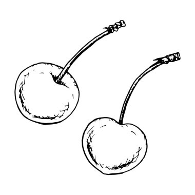 Uzun saplı iki kirazın el çizimi şeklinde siyah ve beyaz çizimi. Organik doku ve doğal şekli vurgulayan detaylı mürekkep çizimi, gıda tasarımı için ideal..
