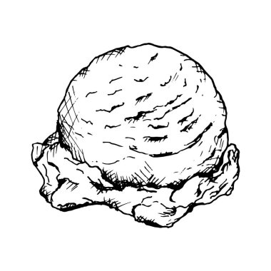 Tek bir dondurma kepçesinin siyah beyaz çizimi. Detaylı ve desenli. Tatlı menüleri, yemek paketleme, markalaştırma, yemek kitapları veya yaz temalı mutfak tasarımları için idealdir..