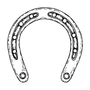 Geleneksel bir at nalının el yapımı siyah beyaz çizimi, klasik bir şans tılsımı. Fal sembolleri, İrlanda folkloru, Aziz Patrick Günü, kırsal tasarımlar ve mistik temalı