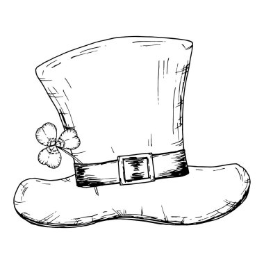 Küçük dört yapraklı yoncalı klasik bir leprikon şapkasının siyah beyaz çizimi. İrlanda folkloru, Aziz Patrick Günü, şans tılsımı tasarımları ve Kelt esinlenilmiş sanat eserleri için mükemmel..