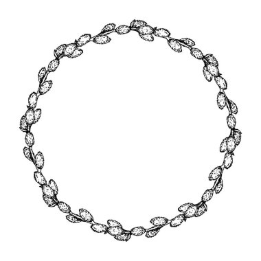 Hand drawn vector wreath made of pussy willow branches. Monochrome botanical illustration for spring designs, Easter decorations, greeting cards, invitations, or floral themed compositions.