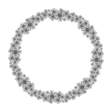 El yapımı kır çiçeklerinden oluşan botanik çelengi. Papatya çayı, ekinezya ve arnica benzeri çiçekli siyah beyaz çizimler. Davetiyeler, ambalajlar ve bitkisel tasarımlar için ideal