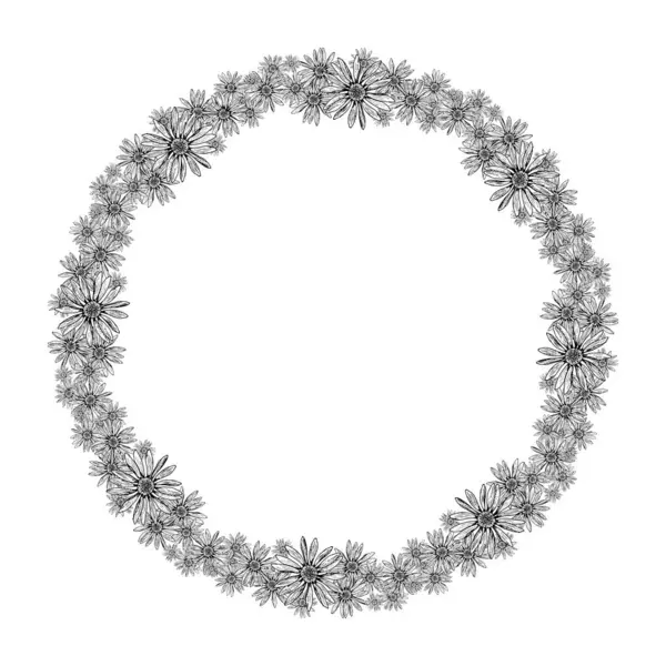 El yapımı kır çiçeklerinden oluşan botanik çelengi. Papatya çayı, ekinezya ve arnica benzeri çiçekli siyah beyaz çizimler. Davetiyeler, ambalajlar ve bitkisel tasarımlar için ideal