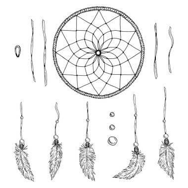 Vector DIY Düş Yakalayıcı kiti siyah-beyaz mürekkep şeklinde. Çerçeveler, boncuklar, ipler, tüyler dahil. El işi, hatıra defteri, el yapımı projeler, boho dekor ve basılabilir yaratıcı şablonlar için mükemmel.