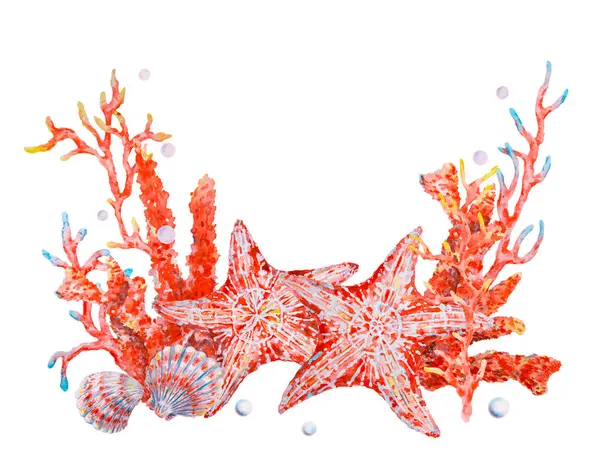 İki kırmızı deniz yıldızı, deniz kabuğu ve canlı mercan dallarıyla suluboya kompozisyonu, deniz temalı tasarımlar, yaz davetiyeleri, sualtı süslemeleri ve okyanusla ilgili görseller için idealdir.