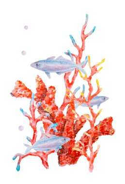 Watercolor illustration of vibrant red coral branches with small blue fish and air bubbles. Underwater marine scene perfect for sea-themed designs, prints, and ocean-related projects clipart