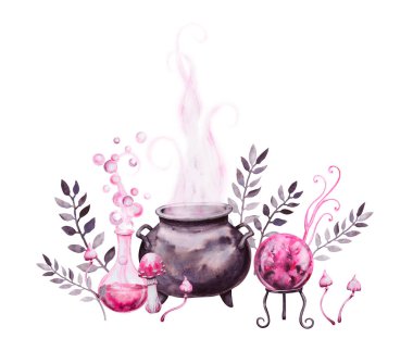 Büyülü bir iksir sahnesinin suluboya çizimi. Cadı kazanı, fokurdayan şişe, kristal küre, mantar, yapraklar ve pembe duman. El çizimi Cadılar Bayramı ya da fantezi grubu