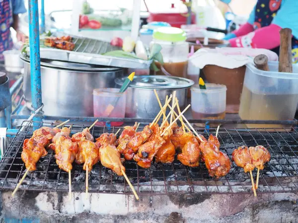 Grilled Chicken Thailand Hot Grilling Chickens Plugged Bamboo Smoked Grill — Stock Photo, Image