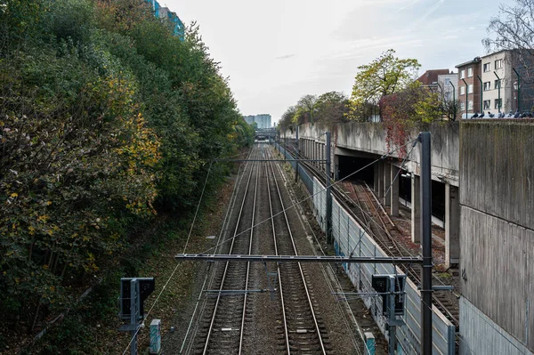 stock image Jette, Brussels Capital Region, Belgium - 10 28 2022 - Bridge view over metro and local train tracks between Belgica and Simonis