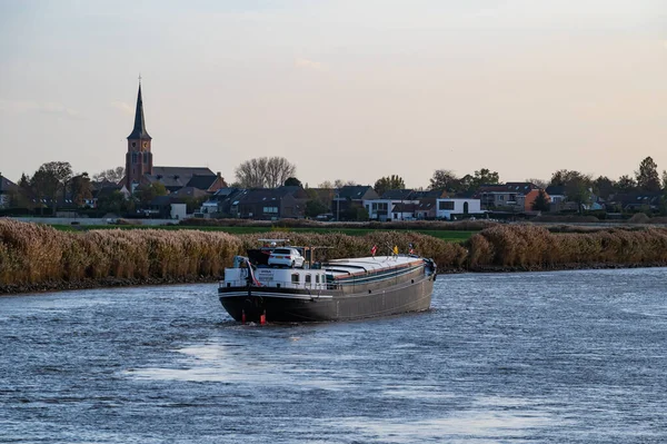 Berlare East Flemish Region Belgium 2022 Sunset River Scheldt Ship — стокове фото
