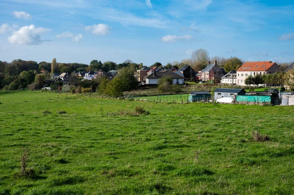 Asse Flandman Brabant Region ベルギー 2022 背景に住宅を持つ緑の丘や牧草地の景色 — ストック写真