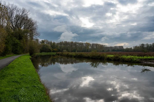 Árboles Reflejados Agua Del Río Dender Erembodegem Flandes Bélgica — Foto de Stock