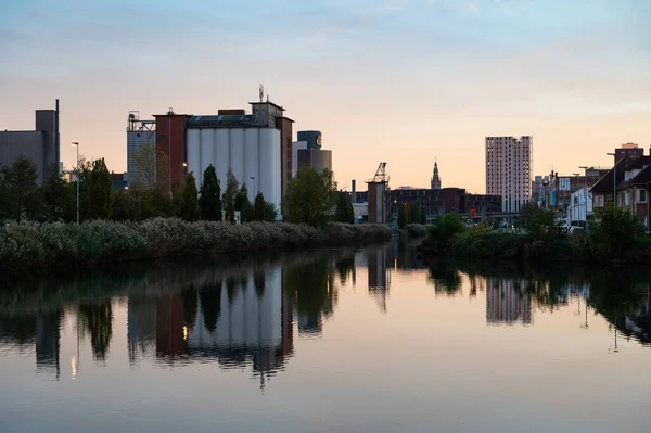 Wilsele Flemish Brabant Belgium 2022 Reflection Industrial Buildings Canal Sunset — Stock Photo, Image