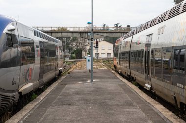 Ales, Occitanie, France, 12 30 2022 - Two local trains waiting at the platform