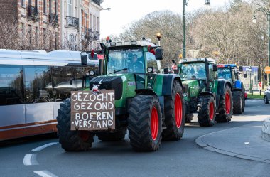 Koekelberg, Brussels Capital Region, Belgium - March 3, 2023 Farmers protesting with tractors for the governmental descision about the use of nitrogen