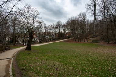 Duden Park, Orman, Brüksel Başkent Bölgesi, Belçika 'da yeşil çimen ve bükme yolu