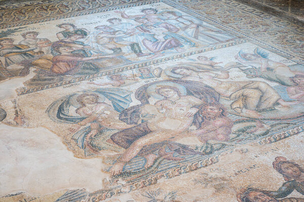 Paphos, Paphos District, Cyprus - March 23 , 2023 - Decorated floors with mosaic tiles with ancient Greek mythology