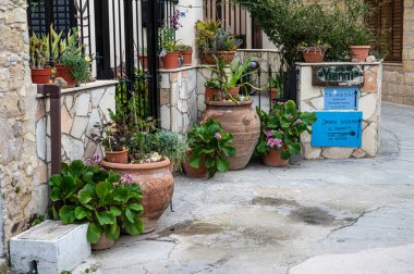 Omodos, Limasol Bölgesi, Kıbrıs, 24 Mart 2023 - Dar bir ara sokağın ön bahçesinde geleneksel çömlek ve çiçekler