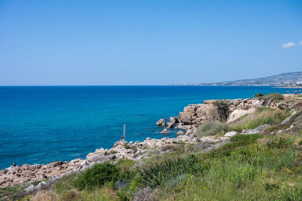 Блакитна Вода Зелена Трава Скелі Затоці Хлорака Кіпр — стокове фото