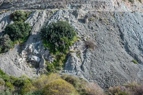Montanhas Com Erosão Texturizada Cascalho Cinzento Peyia Chipre — Fotografia de Stock