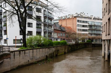 Leuven, Flaman Brabant Bölgesi, Belçika - 1 Nisan 2023 - Şehir merkezindeki Dyle nehrinin kıyısında eski ve yeni mimari