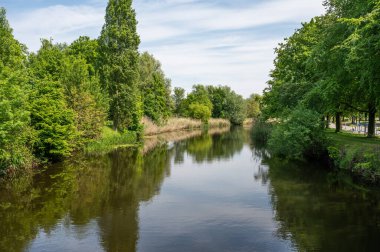 Lokeren, Flanders, Belçika çevresindeki Durme Nehri 'nde doğa değişiklikleri üzerine manzara