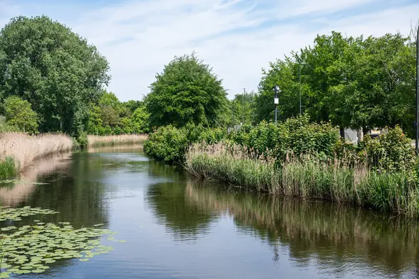 stock image Scenic view over nature relfections in the River Durme around Lokeren, Flanders, Belgium