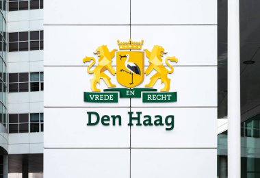 Den Haag, Güney Hollanda, Hollanda, 3 Temmuz 2023 - Barış ve adalet şehri On Lahey 'in logosu ve işareti