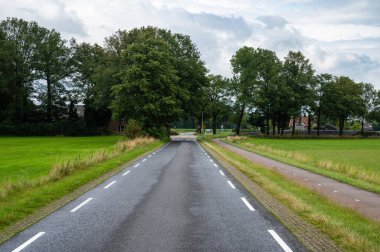 Hollanda 'nın Ootmarsum, Overijssel, Hollanda kırsalında otomobil şeridi ve bisiklet yolu