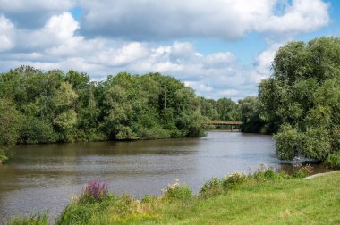 Almanya 'nın Bremen sınırında Kladdinger Wiesen Nehri' nin yeşil kıyıları