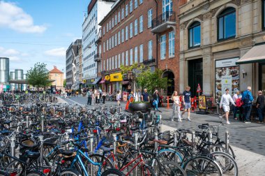 Copenhagen, Denmark, July 24, 2024 - Bicycles parked at the Norreport publix transportation station clipart