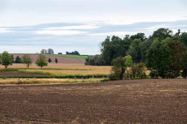 Plowed soil of agriculture fields and hills at the Flemish countryside in Tienen, Belgium