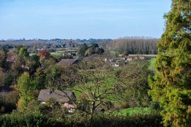 High angle view over colorful tree tops and hills in the Pajottenland in Lennik, Flemish Brabant Region, Belgium clipart