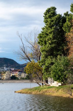 Tiran, Arnavutluk, DEC 8, 2024 tarihli sanatsal göl kıyısında ve dinlenme bölgesinde renkli sonbahar ağaçları