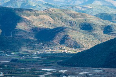 Arnavutluk 'un Berat kenti çevresindeki yeşil tepeler ve alçak dağ manzarası