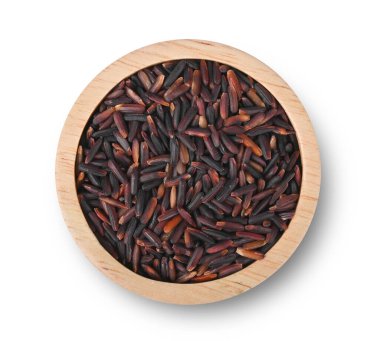 Riceberry Rice and wooden bowl isolated on white background. top view