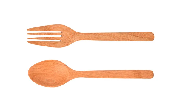 白色背景隔离的木制勺子和叉子 — 图库照片