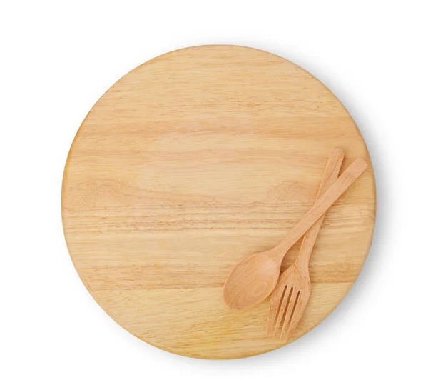 圆形木制托盘 勺子和叉子隔离在白色背景 顶部视图 — 图库照片