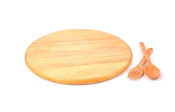 圆形木制托盘 勺子和叉子隔离在白色背景上 — 图库照片