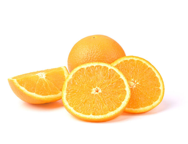 Orange fruit whole and half and slice isolated on white background