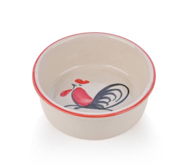 Beyaz arka planda izole edilmiş seramik kasede tavuk deseni görüntüsü. 