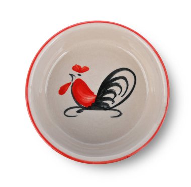 Beyaz arka planda izole edilmiş seramik kasede tavuk deseni görüntüsü. en üstteki görünüm