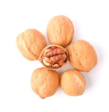 Ceviz Yığını, beyaz arka planda, tek parça ve açık. Üst Görünüm