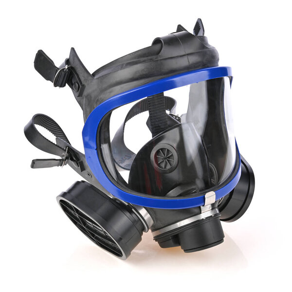 Blue gas mask, Chemical protective mask with double filter isolated on white background