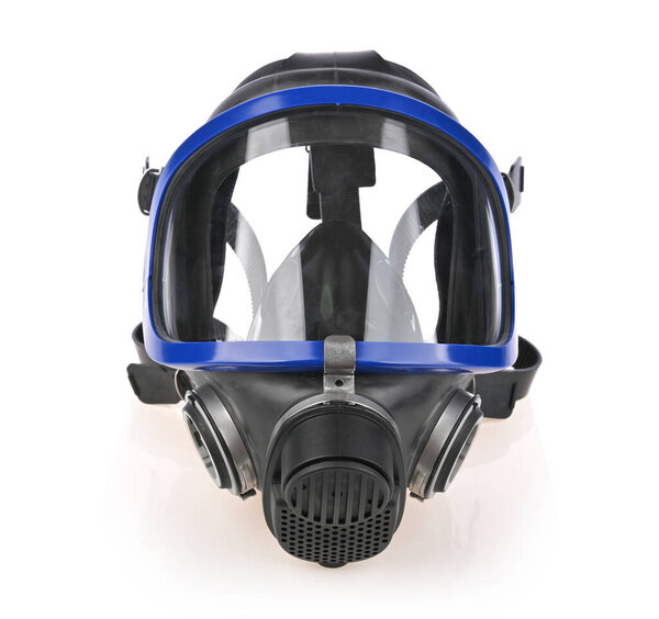 Black gas mask with blue border, chemical protection mask isolated on white background. 